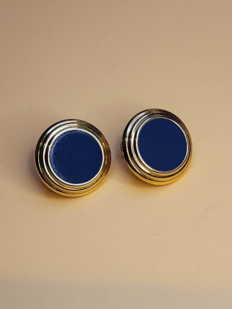 NAPIER Designer Signed Navy Enamel & Gold Tone Button Earrings FREE $HIPPING!!