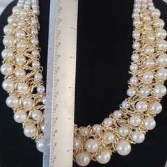 Vtg NY Company Faux Pearl Gold Tone Chain Collar Necklace Weave Triple Strand