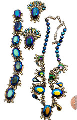 1966 Hollycraft Peacock Blue Iridescent Rhinestone Necklace, Bracelet & Earring