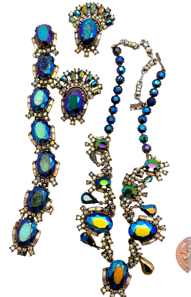 1966 Hollycraft Peacock Blue Iridescent Rhinestone Necklace, Bracelet & Earring