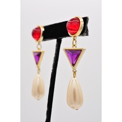 Vintage Cabochon 2.5″ Dangle Earrings Red Purple Pearl Drop Gold 80s 1980s BinAZ