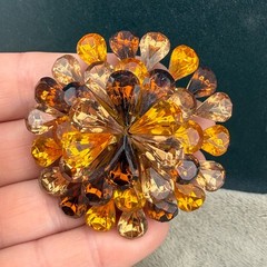 Vintage Rhinestone Brooch Orange Brown Gold Tone Layered Sparkle