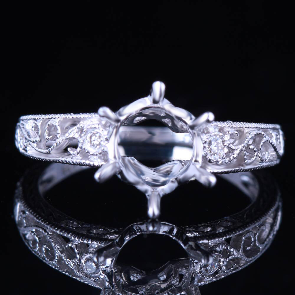 Solid 14K White Gold Diamond Ring 8mm Round Vintage Antique Semi Mount Setting