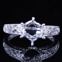 Solid 14K White Gold Diamond Ring 8mm Round Vintage Antique Semi Mount Setting