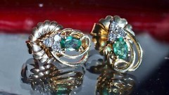 14k y/gold earrings 0.45ct natural, treated emerald natural diamond stud 2.72gr