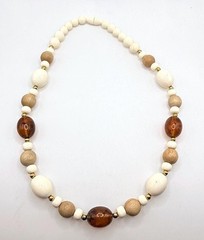 Vintage off white light wood and brown marbled amber colored beaded necklace