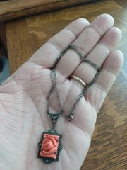 Antique coral colored Rose molded glass & Sterling Deco Necklace Pendant