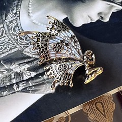 Vintage Fairy Brooch – Gold Tone Blue Enamel Wings – Modern Fantasy Pin – 2”