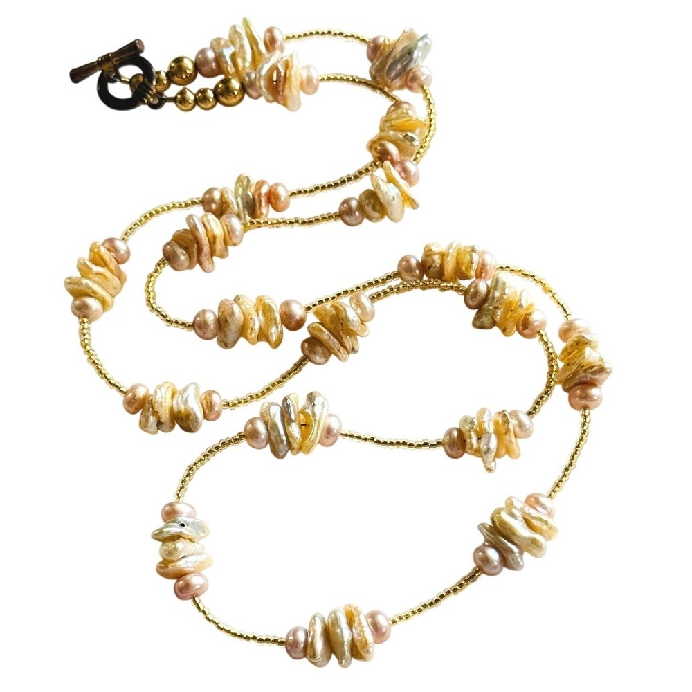 Biwa Pearl Necklace VTG glass Baroque Freshwater Beaded genuine Beads long 30″