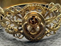 Vintage Gold Tone Filigree Bangle Bracelet Pearl Accents Rose Motif Hinged