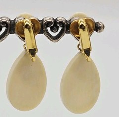Moose Faux Scrimshaw Earrings Cream Drop Dangle Clip on Gold Tone 1.5 in