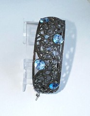 Vintage .835 Silver Hinged Cuff Bracelet w/Marcasites & Pastel Blue Round Gems