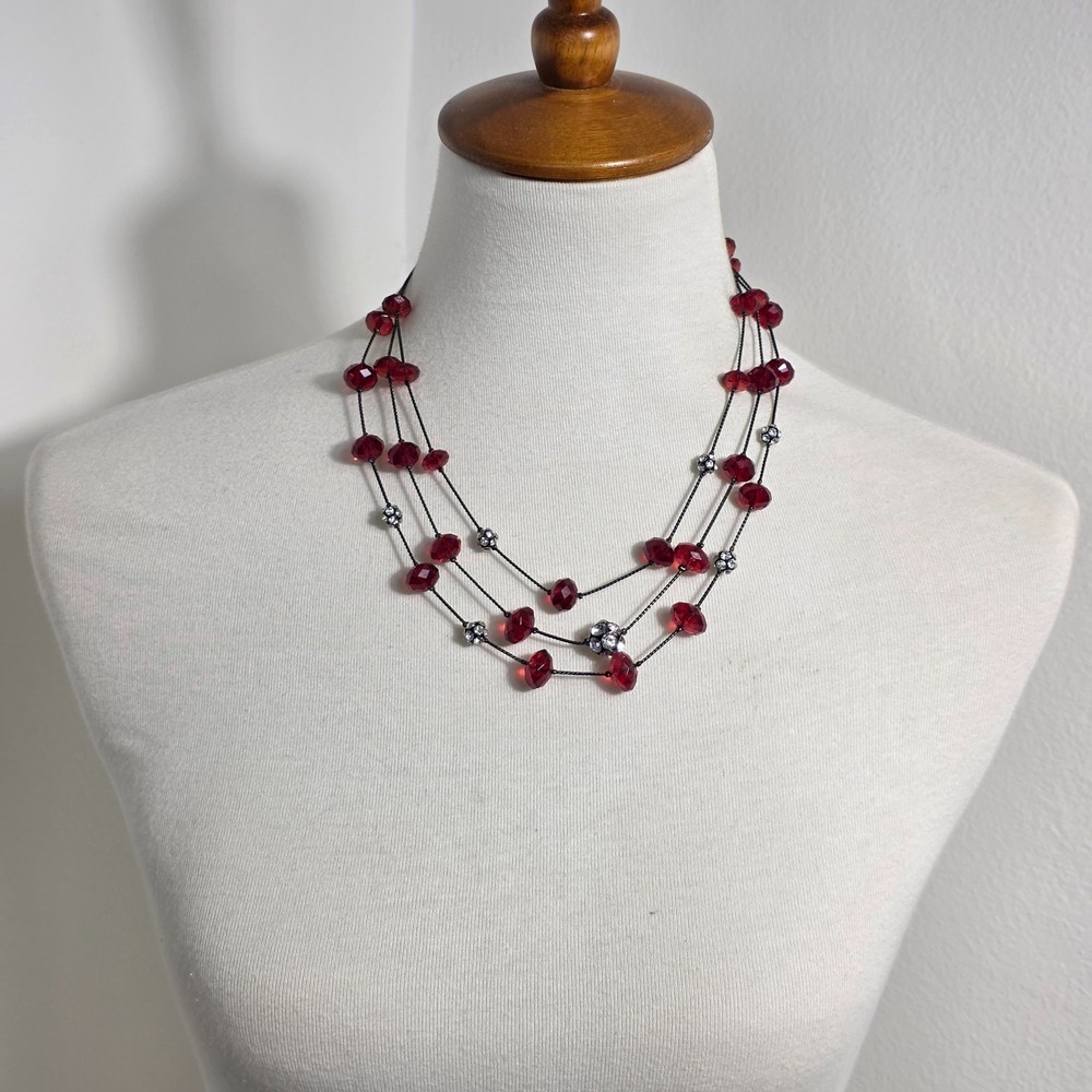 Nine West Multi-Strand Necklace Gunmetal-Tone Chain Red Beads White Rhinestones