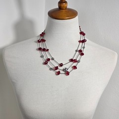 Nine West Multi-Strand Necklace Gunmetal-Tone Chain Red Beads White Rhinestones