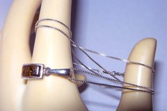 PETITE DOME AMBER BUBBLES STERLING SILVER NECKLACE PENDANT~Vtg 925 Box Chain SU