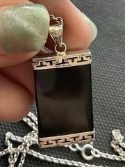 Vintage 925 Sterling Silver Black Onyx Chinese Symbol Good Luck Pendant Necklace