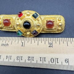 Vintage Gold Tone Multi-Color Cabochon & Faceted Glass Bar Brooch 2.5” Statement