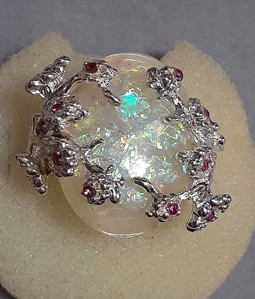 Opalite cabochon ring W/cherry blossom design silvertone metal red stones size 6