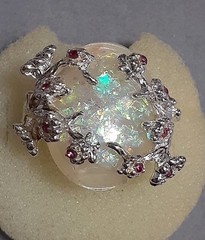 Opalite cabochon ring W/cherry blossom design silvertone metal red stones size 6