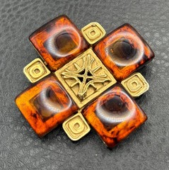 Vintage HUGE 80s Gold Tone Faux Amber Maltese Cross Brooch Pin Statement Piece