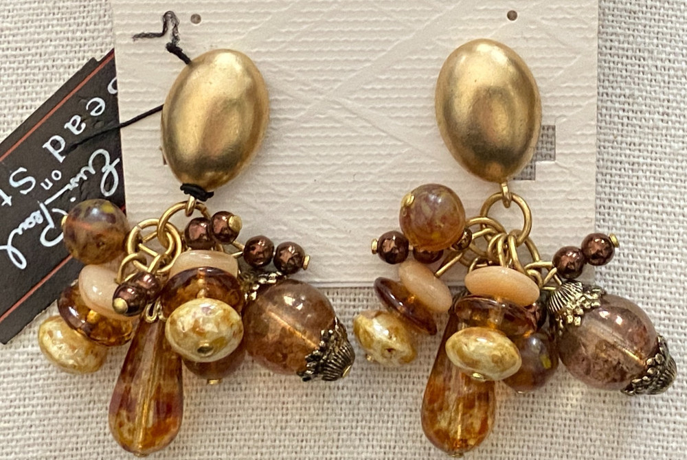 Vtg Erwin Pearl on Bead Street ~ Brushed Gold Brown Cluster Dangle Clip Earrings