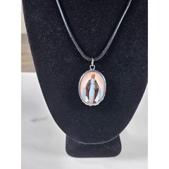 Vintage Red Madonna Pendant Necklace Oval Catholic Cross Back Charm