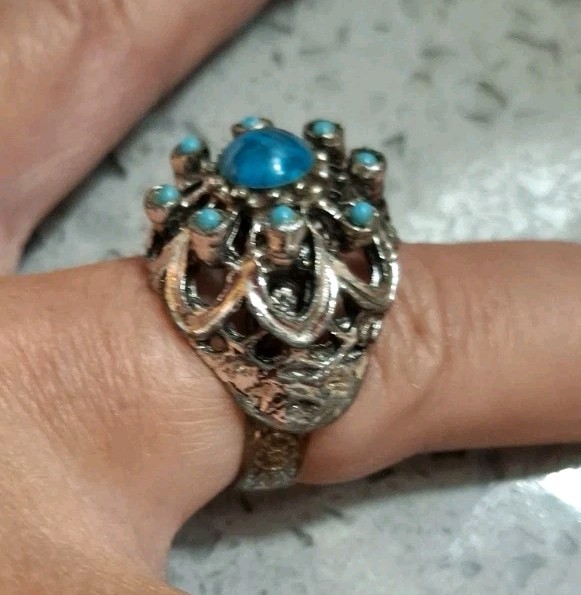 Vintage Coctail Ring Blue Cabachon Dome Dark Silver Tone Ornate Band Adjusts