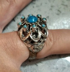 Vintage Coctail Ring Blue Cabachon Dome Dark Silver Tone Ornate Band Adjusts