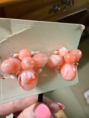 Vintage Japan Necklace Earrings Set Plastic Glass Orange White 36 in NOS