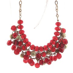 Vintage Red Crystal Glass Bead Dangle Necklace Gold Tone