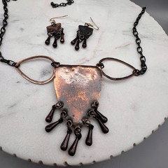 Copper Tone Statement Necklace Red Glass Cabochon Fringe Earrings Set Boho