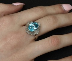 Fine 6.11ct Natural Neon Blue Zircon & 1.50ct Diamond Platinum Ring Size 9.25
