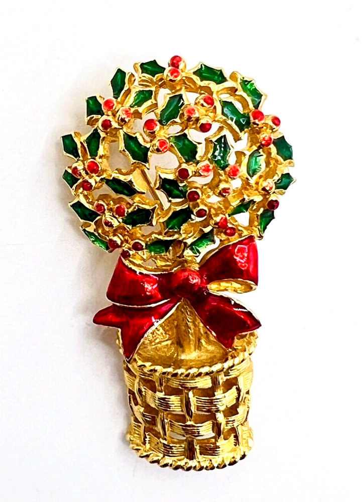 Vintage Gold Tone Red Green Enamel VERO Holly Berry Christmas Topiary Brooch