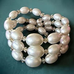 Faux Pearl Bracelet Memory Wire Crystal Multi Strand Wrap Cuff Vintage