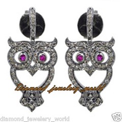 Stunning 2.35ct Rose Cut Diamond Ruby Studded Silver Vintage Owl Earring Jewelry