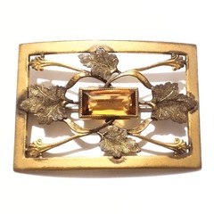 George L Paine Antique Gold Tone Glass Accented Leaf Design Sash Pin Brooch