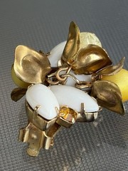 Vintage Floral Brooch Earrings Set White Navette Beads Lucite Gold Tone Clip