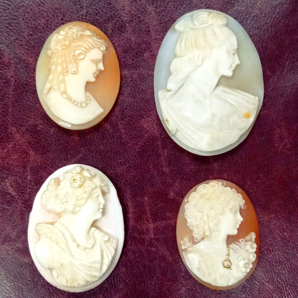 Cameos: Group of 4 Vintage Antique Hand Carved Shell Cameos