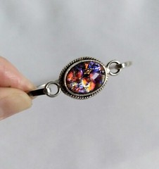Vintage Mexico 925 Rope Accented Oval Diachroic Glass Tension Bangle Bracelet