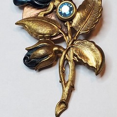 Copper Metal Blue Flower Pin Blue Rhinestone 2.25 inch Estate Vintage 1950s