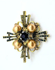 Gold Tone Faux Pearls & Multicolor Rhinestones Brooch Contemporary