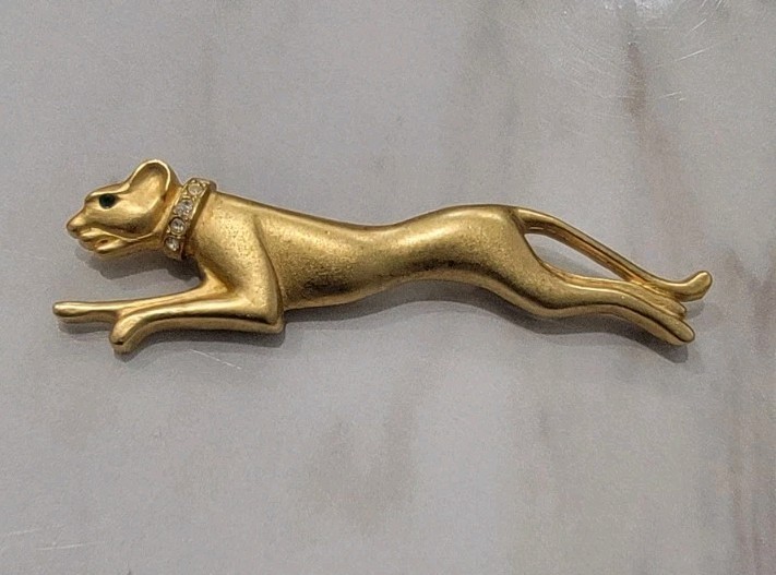 Vintage Jackie Collins Cougar Cheetah Jaguar Cat Brooch Green Rhinestone Eyes