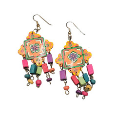 Vintage Multicolor Statement Pierced Earrings Wood Bead Hand Painted 2.5 in