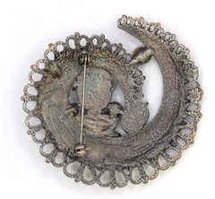 Vintage Gray Rhinestone Metal Swirl Cabochon Brooch Pin
