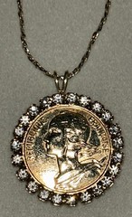 Vintage 1989 France Coin Necklace 24K GB Rhinestone Halo 29” Marianne Pendant