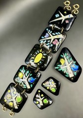 1950s/60s Enamel on Copper 3 Piece Studio Jewelry Set MCM Birds Trees Sunburst