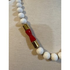 Vintage White Red Gold Beaded Strand Necklace Retro Mod 22 Inch