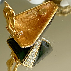 Vintage Ciner Asymmetrical Gold Plated Black Enamel Crystal Clip-On Earrings