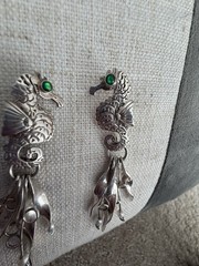 Vintage Seahorse Dangle Earrings Silver Tone Green Eyes 3in Drop Animal