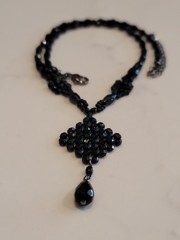 Vintage Black Faceted Bead Necklace Teardrop Pendant Gothic Formal 18″